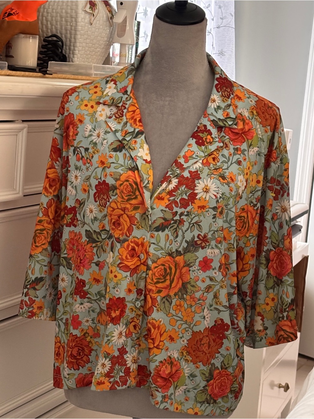 Zara Floral Button-Up Blouse | Vibrant Orange & Red Floral Print | Relaxed Fit
